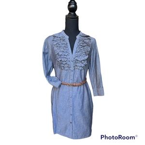 Trulli Ruffled Button Down Chambray Shirt Dress Women’s size 6 with Pockets